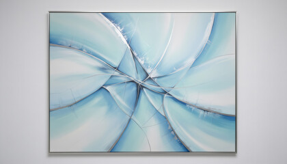 Abstract blue painting with ice texture hanging on a white wall. Modern contemporary art with swirling crystal shapes and silver frame. Winter frost and cold background concept