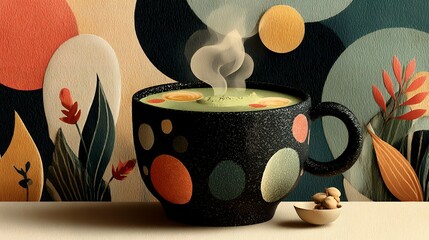 Flat boho illustration of a warm bowl of soup with steam swirling into abstract shapes, earthy muted colors, simple cozy elements, minimal geometric background