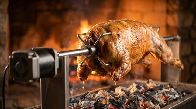 Whole lamb roasting on a rotating spit over hot charcoal. Golden crispy meat cooking on a rotisserie with fire background