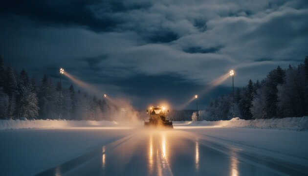 Snowplow clearing a snowy road at night. Heavy winter maintenance vehicle removing ice and snow in a forest with headlights on
