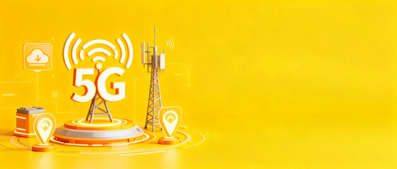 5G technology tower with wireless communication and cloud data storage on yellow background.