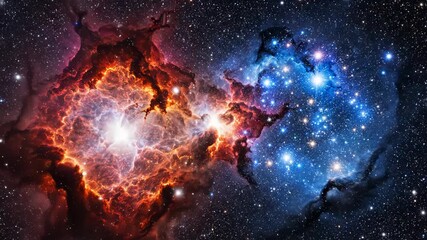 Vibrant cosmic nebula featuring contrasting regions of glowing redorange emission and bright blue star formation against a starry sky - Powered by Adobe