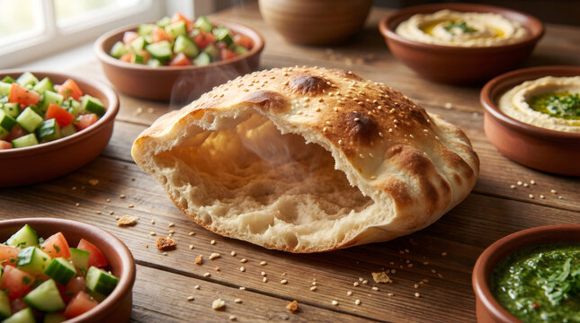 Freshly baked pita bread with steam and sesame seeds on a rustic wooden table. Traditional Middle Eastern food with hummus and salad bowls