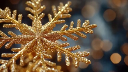 Video A golden snowflake decoration placed on a table with soft lights in the background, perfect for winter wonderland or holiday themed events