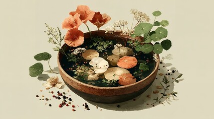 Simple boho-style flat illustration of various soup ingredients--vegetables, herbs, spices--floating around a rustic soup bowl, soft terracotta and cream palette