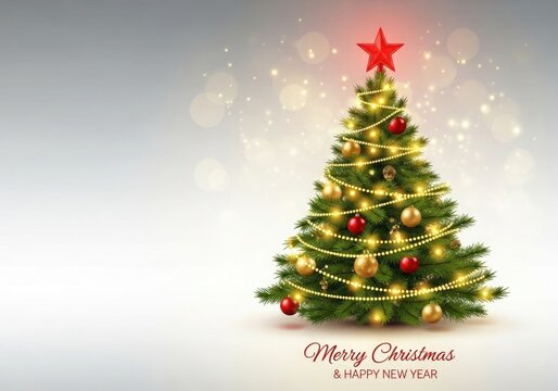 A festive christmas tree adorned with glowing lights and ornaments, topped with a red star, with a merry christmas greeting on a soft background