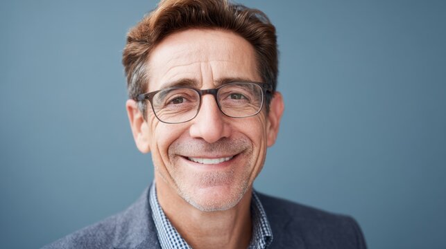A middle aged man with glasses is smiling warmly showing confidence and approachability. He is dressed in a smart jacket creating a positive and professional vibe.