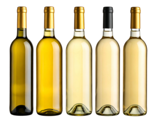 Five glass wine bottles stand in a row, each filled with white wine. The bottles have gold and black caps and a light reflecting off the glass