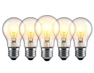 Five glowing light bulbs, arranged in a row against a stark black background, symbolizing ideas and innovation