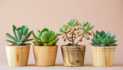 Four small succulent plants in wooden pots on a light pink background