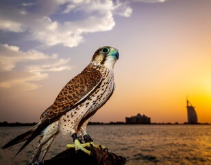 A majestic falcon perched on a gloved hand, gazing over the sea towards the iconic Dubai skyline during a beautiful golden sunset
