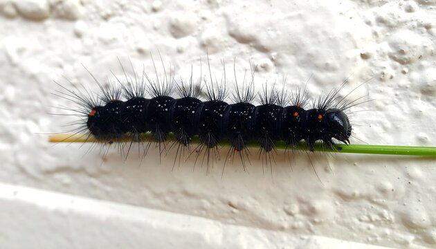 Close-up of a black caterpillar crawling on a green twig, against white wall - Powered by Adobe