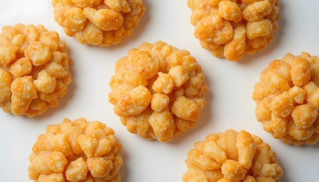 Golden fried sweet snacks, sugar-glazed crispy treats, perfect for indulgent desserts or festive gatherings on white. bamba 