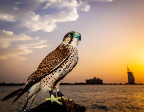 A majestic falcon perched on a gloved hand, gazing over the sea towards the iconic Dubai skyline during a beautiful golden sunset