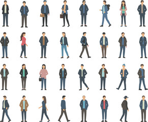 Business casual characters standing, walking, isolated vector illustration, professional people collection, male and female avatars, flat design style, modern office workers clipart set