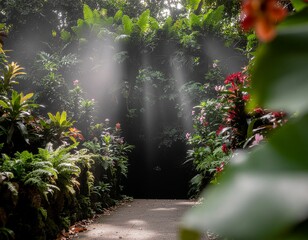 Fototapeta premium Ethereal sun rays illuminate a hidden trail leading through a lush, magical and mysterious botanical garden
