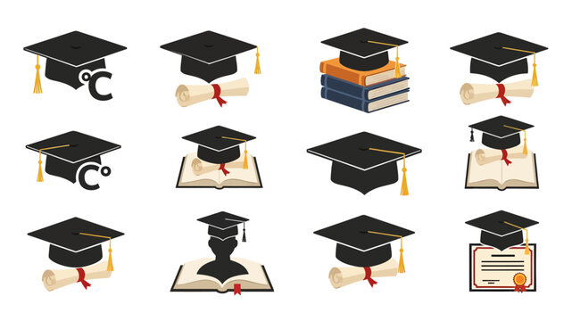 Isometric graduation caps and diplomas representing education and academic achievement - Powered by Adobe