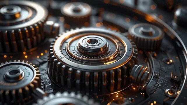 Mechanistic Gears: A close-up view unveils an intricate assembly of interlocking gears, showcasing the precise mechanics and the beauty of industrial engineering.