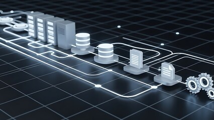 Data flow diagram with servers, databases, and gears.
