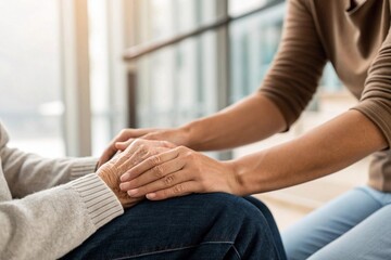 Close-up of adult gently holding senior’s hands indoors, warm light, emotional support, caregiving moment, peaceful connection