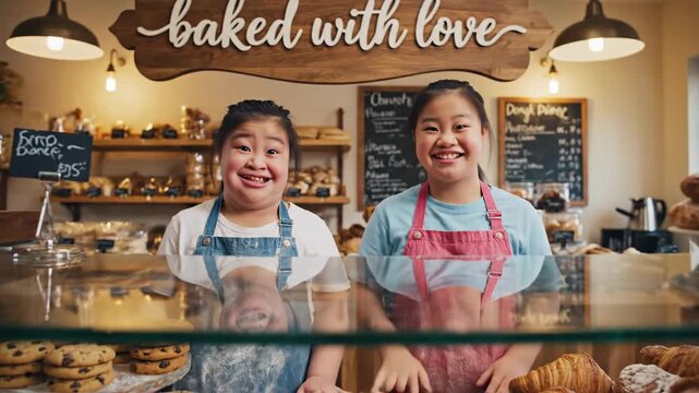 Diverse workers smiling in bakery displaying assortment of fresh baked goods and pastries