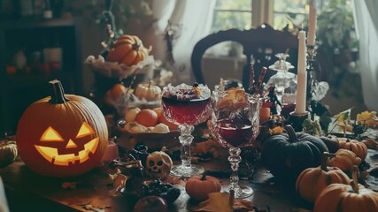 Video A festive Halloween-themed table setup with various decorations, ideal for parties or events