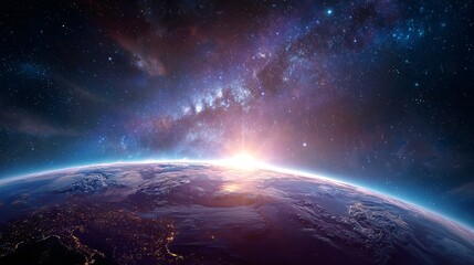 Planet view from space with a bright light source and cosmic background.