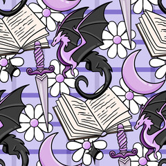Cotton fabric Fantasy dragons books moons daggers and daisies seamless pattern for romantasy readers and book lovers with a magical gothic library aesthetic perfect for textiles crafts and wrapping