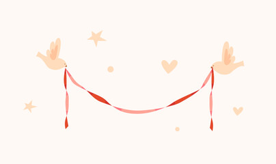 Cute romantic garland made of twisted ribbon in red and pink colours held by two beige doves. Perfect for Valentine's Day, wedding invitations, Christmas packaging decorations, cards