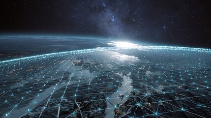 Futuristic AI robotic planetary defense grid glowing above Earth