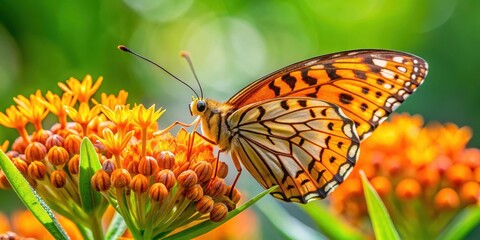 Obraz premium Fritillary butterfly ventral view feeding from a butterfly weed with green background