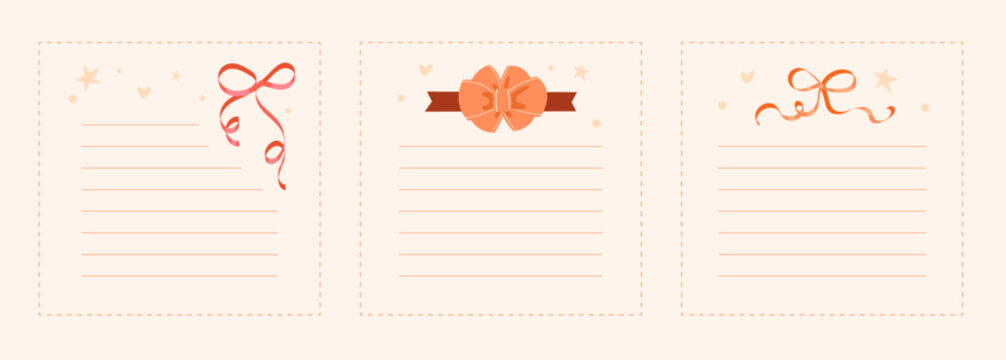 Cozy collection of lined notepads with cute curly bows in soft warm beige and pink colours. Perfect for notes, memo, notebooks, stationery, checklist