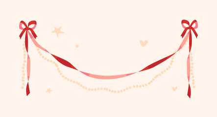 Cute romantic garland made of twisted ribbon, beige beads and classic bows in red and pink colours. Perfect for Valentine's Day, wedding invitations, Christmas packaging decorations, cards © norrhin