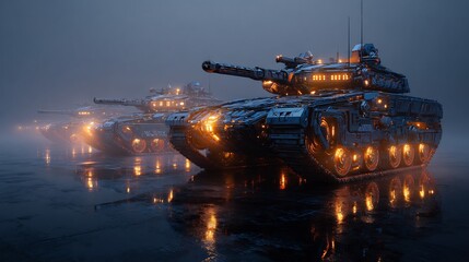 Futuristic AI robotic tanks glowing armor cybernetic battlefield