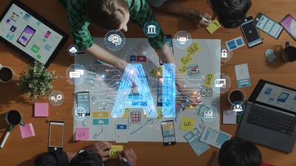 A dynamic group of professionals collaboratively brainstorming ideas for artificial intelligence development, showcasing innovative technology amidst vibrant workspace. Raster