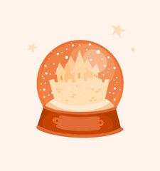 Cozy winter snow globe with a fairytale castle inside, falling snow in warm orange and cream colors, with a charming nostalgic festive atmosphere. Perfect for postcards, prints, invitations.