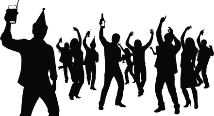 A dynamic silhouette group of people dancing, cheering, and raising drinks in celebration, representing successful teamwork, corporate party, festive holiday celebration, New Y