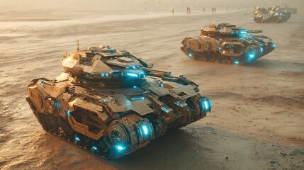 Futuristic AI robotic tanks glowing armor cybernetic battlefield