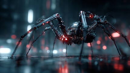 Futuristic AI spider robot crawling glass wall cybernetic details dark neon environment
