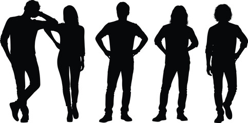 Silhouette group of diverse casual young adults standing confidently together, full-length black figures on a white background, representing unity, friendship, and modern lifestyle,
