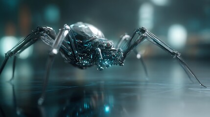 Futuristic AI spider robot crawling glass wall cybernetic details dark neon environment