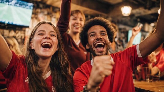 Fans celebrating game night emotional bar celebration sports excitement captured in a powerful cinematic moment filled with emotion atmosphere depth and compelling visual storytelling
