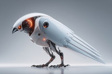Futuristic bionic bird robot carbon wings AI navigation system glowing