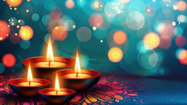 Video Three lit candles on a table with a blurred background of bokeh lights