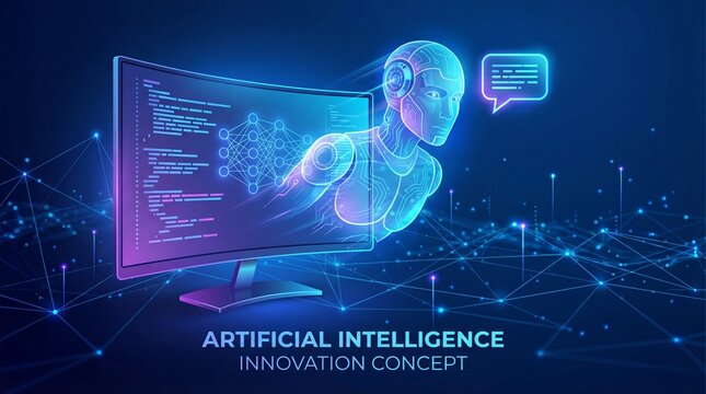 Low Poly Wireframe Artificial Intelligence Innovation Concept. AI Robot, Neural Network and Coding Support.