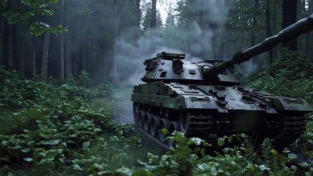 A tactical tank fighting in the wet forest battlefield, getting hit by an explosive weapon