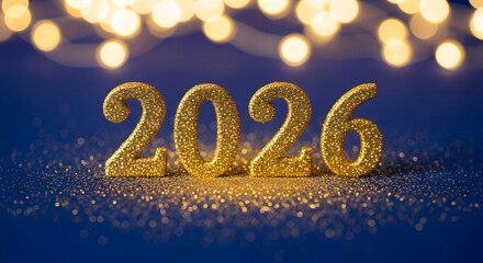 Golden 2026 numerals glittering against a backdrop of blurred golden lights, symbolizing the anticipation and excitement for the upcoming new year