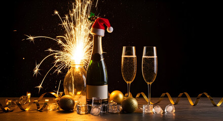 Festive new year celebration with champagne bottle wearing a santa hat, sparkler, champagne flutes, christmas ornaments and golden ribbon
