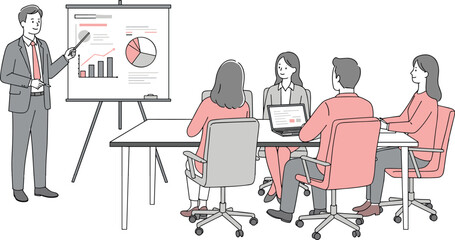 Business presentation with charts and data, corporate meeting room, team discussing strategy, office teamwork, professional collaboration, vector illustration, modern workplace environment