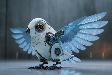 Futuristic bionic bird robot carbon wings AI navigation system glowing
